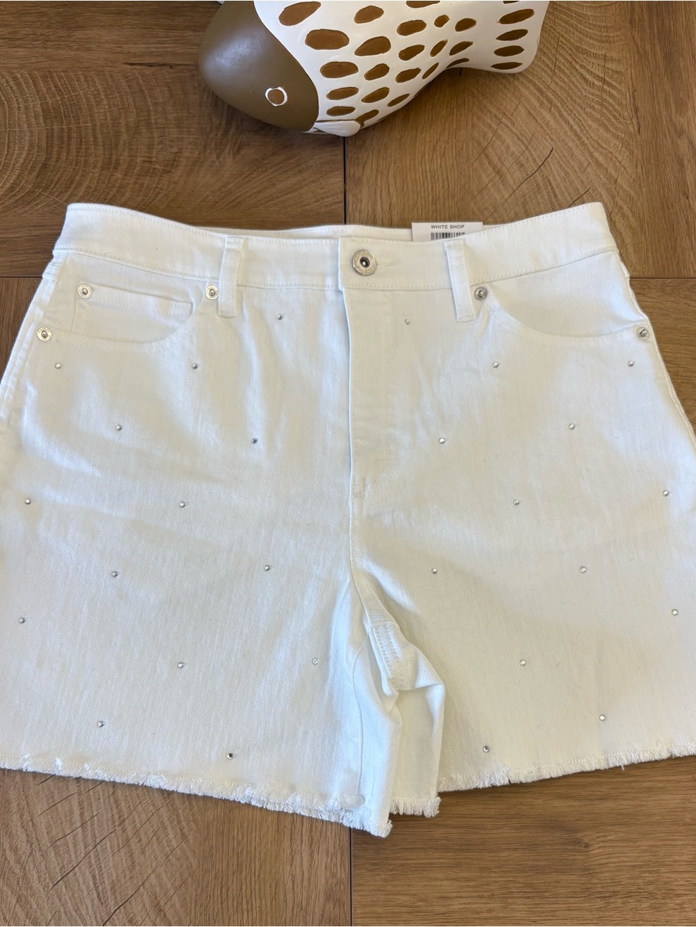 Embellished White Denim Shorts with Raw Hem